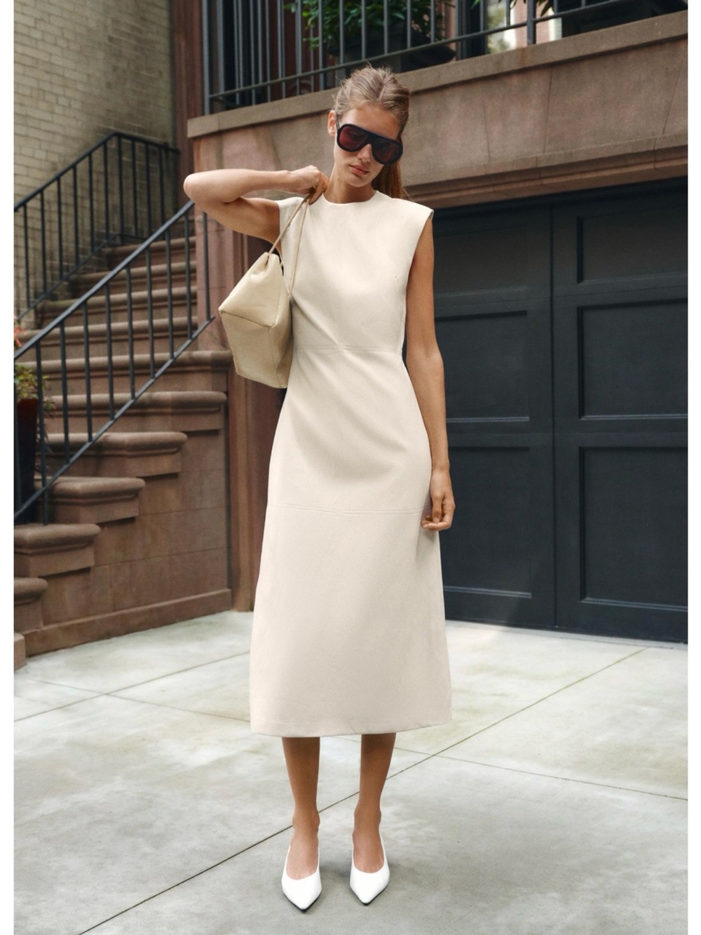 MIDI FAUX LEATHER DRESS WITH SHOULDER PADS
